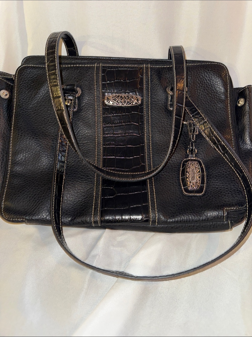Black Leather Rosetti Tote Bag with Croc-Texture Accent- Lits of Room